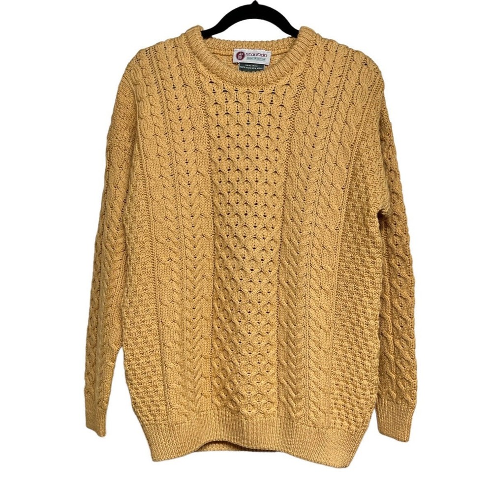 Standun of Ireland Men’s Cable Knit Crew Neck Wool Sweater Mustard Yellow Size M